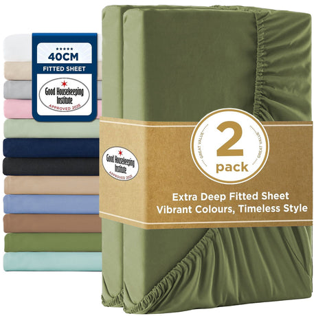 2000TC Hotel Quality Fitted Sheets - 2 Piece Fitted Sheets  -Breathable Bedding - Wrinkle, Fade, Stain Resistant- 16inch/40cm Deep Pocket Fitted Bed Sheets-Wrinkle and Fade Resistant,(Olive green,Double)
