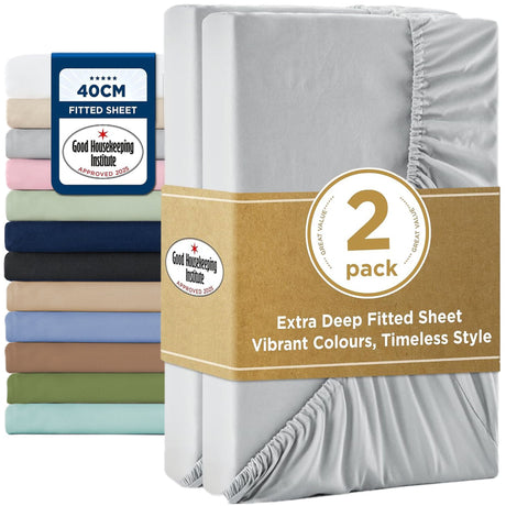 2000TC Hotel Quality Fitted Sheets - 2 Piece Fitted Sheets  -Breathable Bedding - Wrinkle, Fade, Stain Resistant- 16inch/40cm Deep Pocket Fitted Bed Sheets-Wrinkle and Fade Resistant,(Silver-gray,Double)