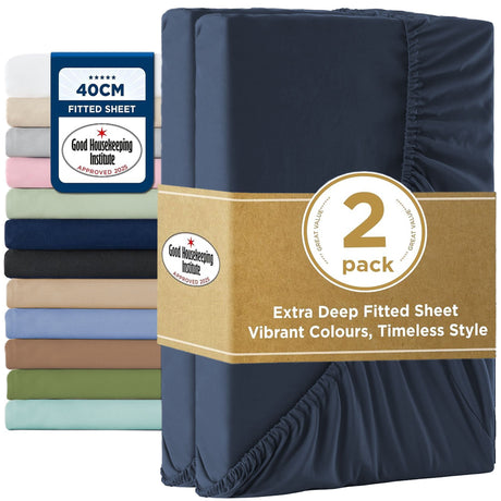 2000TC Hotel Quality Fitted Sheets - 2 Piece Fitted Sheets  -Breathable Bedding - Wrinkle, Fade, Stain Resistant- 16inch/40cm Deep Pocket Fitted Bed Sheets-Wrinkle and Fade Resistant,(Navy,King)
