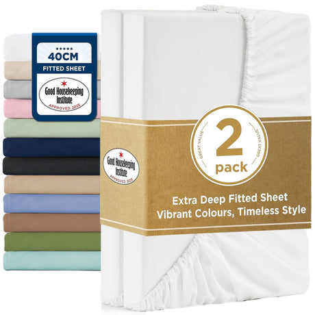 2000TC Hotel Quality Fitted Sheets - 2 Piece Fitted Sheets  -Breathable Bedding - Wrinkle, Fade, Stain Resistant- 16inch/40cm Deep Pocket Fitted Bed Sheets-Wrinkle and Fade Resistant,(White,Queen)