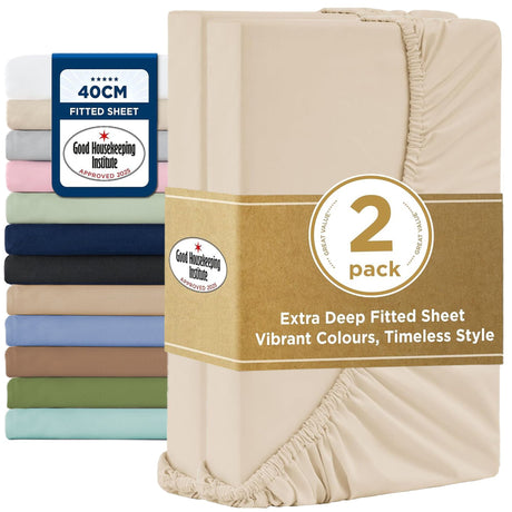 2000TC Hotel Quality Fitted Sheets - 2 Piece Fitted Sheets  -Breathable Bedding - Wrinkle, Fade, Stain Resistant- 16inch/40cm Deep Pocket Fitted Bed Sheets-Wrinkle and Fade Resistant,(Cream White,Single)