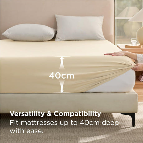 2000TC Hotel Quality Fitted Sheets - 2 Piece Fitted Sheets  -Breathable Bedding - Wrinkle, Fade, Stain Resistant- 16inch/40cm Deep Pocket Fitted Bed Sheets-Wrinkle and Fade Resistant,(Cream White,Single)