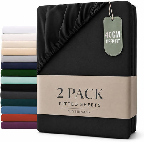 Hotel Quality Fitted sheets - 2 Piece Fitted sheets  -Breathable Bedding - Wrinkle, Fade, Stain Resistant- 26inch/40cm Deep Pocket Fitted Bed Sheet-Wrinkle and Fade Resistant,(Black,King Single)