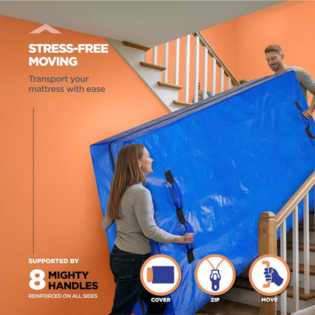 Single Waterproof Mattress Bag Mattresses Protector Plastic Moving Storage Dust Cover Carry Bed Zipper Packing Reusable Disposal, Extra Thick Heavy Duty, with 8 Handles(Single)