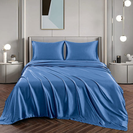 Art Silk Satin Sheet Set Hotel 4 Pieces Fitted/Flat Sheet Bedding Set-Luxury Soft Silky Sheets for Hair and Skin, Similar to Silk Bed Sheets Set 4 Pieces(Double,Ocean)