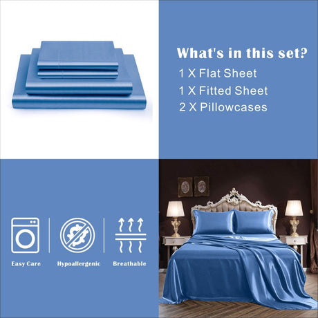 Art Silk Satin Sheet Set Hotel 4 Pieces Fitted/Flat Sheet Bedding Set-Luxury Soft Silky Sheets for Hair and Skin, Similar to Silk Bed Sheets Set 4 Pieces(Double,Ocean)