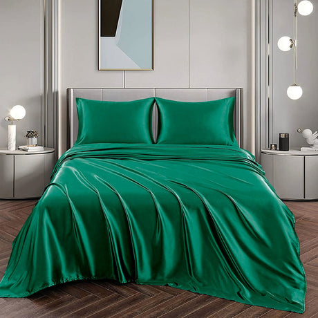 Art Silk Satin Sheet Set Hotel 4 Pieces Fitted/Flat Sheet Bedding Set-Luxury Soft Silky Sheets for Hair and Skin, Similar to Silk Bed Sheets Set 4 Pieces(Double,Green)
