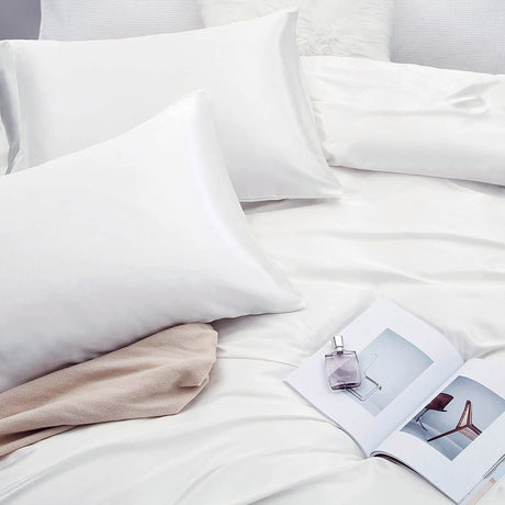 Art Silk Satin Sheet Set Hotel 3 Pieces Fitted/Flat Sheet Bedding Set-Luxury Soft Silky Sheets for Hair and Skin, Similar to Silk Bed Sheets Set 3 Pieces(King Single,White)