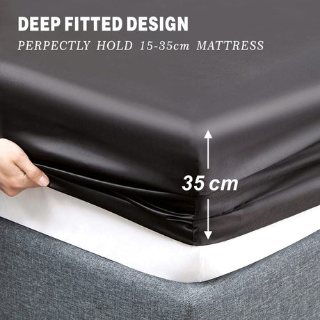 Art Silk Satin Sheet Set Hotel 3 Pieces Fitted/Flat Sheet Bedding Set-Luxury Soft Silky Sheets for Hair and Skin, Similar to Silk Bed Sheets Set 3 Pieces(King Single,Black)