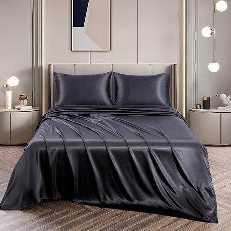 Art Silk Satin Sheet Set Hotel 4 Pieces Fitted/Flat Sheet Bedding Set-Luxury Soft Silky Sheets for Hair and Skin, Similar to Silk Bed Sheets Set 4 Pieces(Queen,Black)