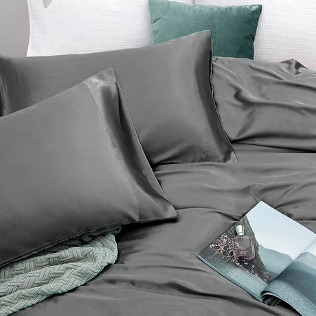 Art Silk Satin Sheet Set Hotel 4 Pieces Fitted/Flat Sheet Bedding Set-Luxury Soft Silky Sheets for Hair and Skin, Similar to Silk Bed Sheets Set 4 Pieces(Queen,Grey)