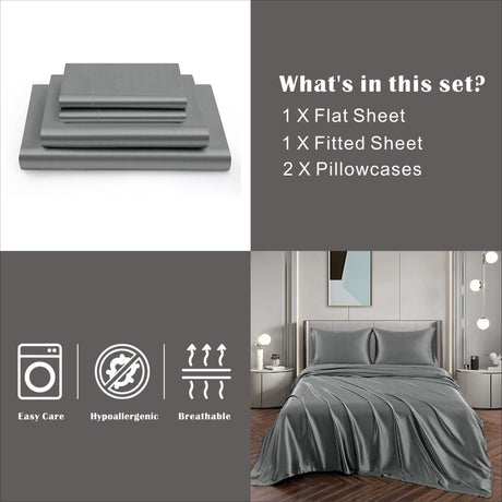 Art Silk Satin Sheet Set Hotel 4 Pieces Fitted/Flat Sheet Bedding Set-Luxury Soft Silky Sheets for Hair and Skin, Similar to Silk Bed Sheets Set 4 Pieces(Queen,Grey)
