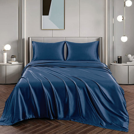 Art Silk Satin Sheet Set Hotel 4 Pieces Fitted/Flat Sheet Bedding Set-Luxury Soft Silky Sheets for Hair and Skin, Similar to Silk Bed Sheets Set 4 Pieces(Queen,Navy)