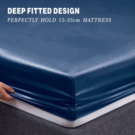 Art Silk Satin Sheet Set Hotel 4 Pieces Fitted/Flat Sheet Bedding Set-Luxury Soft Silky Sheets for Hair and Skin, Similar to Silk Bed Sheets Set 4 Pieces(Queen,Navy)