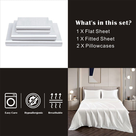 Art Silk Satin Sheet Set Hotel 4 Pieces Fitted/Flat Sheet Bedding Set-Luxury Soft Silky Sheets for Hair and Skin, Similar to Silk Bed Sheets Set 4 Pieces(Super King,White)