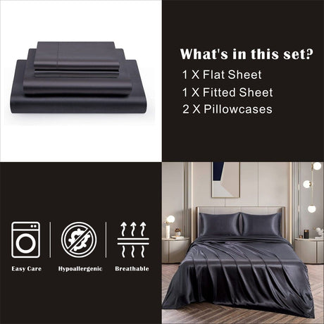 Art Silk Satin Sheet Set Hotel 4 Pieces Fitted/Flat Sheet Bedding Set-Luxury Soft Silky Sheets for Hair and Skin, Similar to Silk Bed Sheets Set 4 Pieces(Super King,Black)