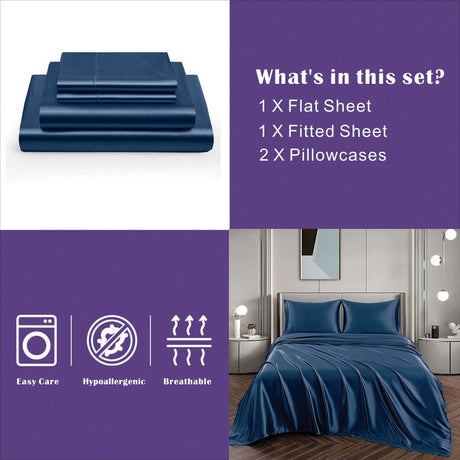 Art Silk Satin Sheet Set Hotel 4 Pieces Fitted/Flat Sheet Bedding Set-Luxury Soft Silky Sheets for Hair and Skin, Similar to Silk Bed Sheets Set 4 Pieces(Super King,Navy)
