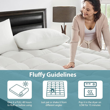 1000GSM Mattress Topper Viscose Derived from Bamboo, Thick Pillowtop Fitted Mattress Cover with 45cm Deep Skirt - Machine Washable Hypoallergenic(Double,white)