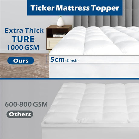1000GSM Mattress Topper Viscose Derived from Bamboo, Thick Pillowtop Fitted Mattress Cover with 45cm Deep Skirt - Machine Washable Hypoallergenic(Double,white)