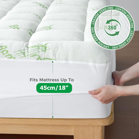 800GSM Mattress Topper Viscose Derived from Bamboo, Thick Pillowtop Fitted Mattress Cover with 45cm Deep Skirt - Machine Washable Hypoallergenic（Single,Green）