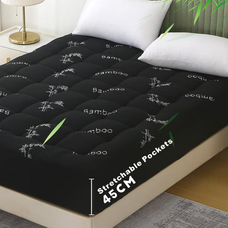 800GSM Mattress Topper Viscose Derived from Bamboo, Thick Pillowtop Fitted Mattress Cover with 45cm Deep Skirt - Machine Washable Hypoallergenic(Super King,Black)