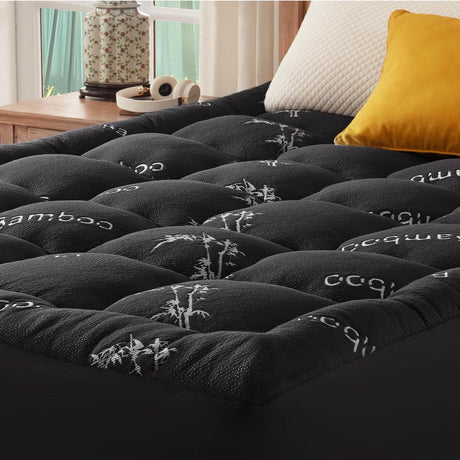 800GSM Mattress Topper Viscose Derived from Bamboo, Thick Pillowtop Fitted Mattress Cover with 45cm Deep Skirt - Machine Washable Hypoallergenic(Super King,Black)