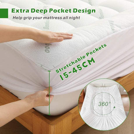 800GSM Mattress Topper Viscose Derived from Bamboo, Thick Pillowtop Fitted Mattress Cover with 45cm Deep Skirt - Machine Washable Hypoallergenic(Super King,Green)