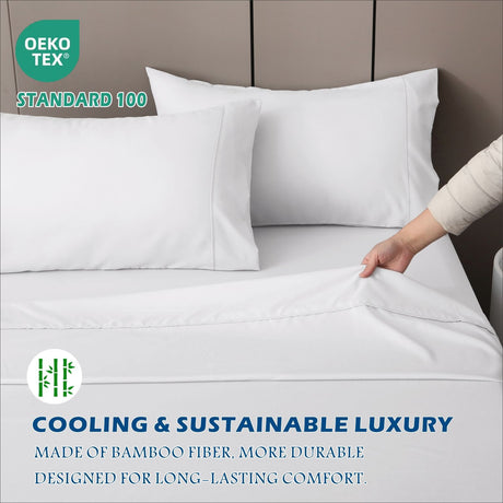4 Piece Hotel Bamboo Cooling Sheet Set -Ultra Soft 2000TC Breathable Bed Sheets Set with 37 Centimetre Deep Pocket-Cooling Sheets for Hot Sleepers(White,Double)