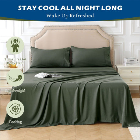 4 Piece Hotel Bamboo Cooling Sheet Set -Ultra Soft 2000TC Breathable Bed Sheets Set with 37 Centimetre Deep Pocket-Cooling Sheets for Hot Sleepers(Olive green,Double)