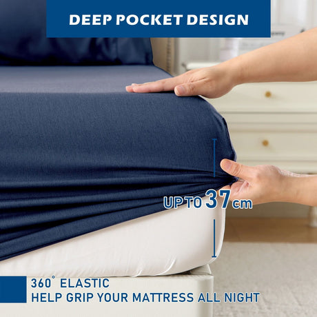 4 Piece Hotel Bamboo Cooling Sheet Set -Ultra Soft 2000TC Breathable Bed Sheets Set with 37 Centimetre Deep Pocket-Cooling Sheets for Hot Sleepers(Navy,Double)