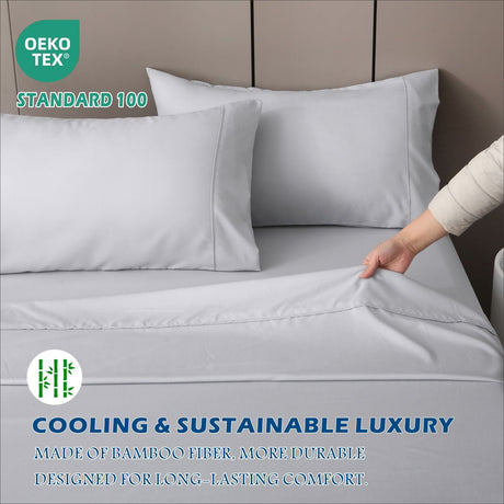 4 Piece Hotel Bamboo Cooling Sheet Set -Ultra Soft 2000TC Breathable Bed Sheets Set with 37 Centimetre Deep Pocket-Cooling Sheets for Hot Sleepers(Silver-gray,Double)