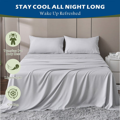 4 Piece Hotel Bamboo Cooling Sheet Set -Ultra Soft 2000TC Breathable Bed Sheets Set with 37 Centimetre Deep Pocket-Cooling Sheets for Hot Sleepers(Silver-gray,Double)