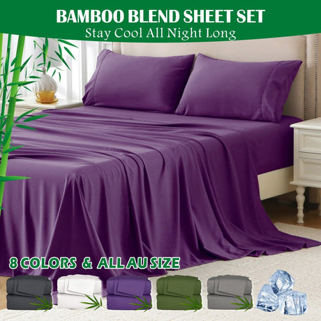 4 Piece Hotel Bamboo Cooling Sheet Set -Ultra Soft 2000TC Breathable Bed Sheets Set with 37 Centimetre Deep Pocket-Cooling Sheets for Hot Sleepers(Purple,Double)