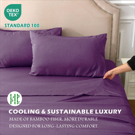 4 Piece Hotel Bamboo Cooling Sheet Set -Ultra Soft 2000TC Breathable Bed Sheets Set with 37 Centimetre Deep Pocket-Cooling Sheets for Hot Sleepers(Purple,Double)