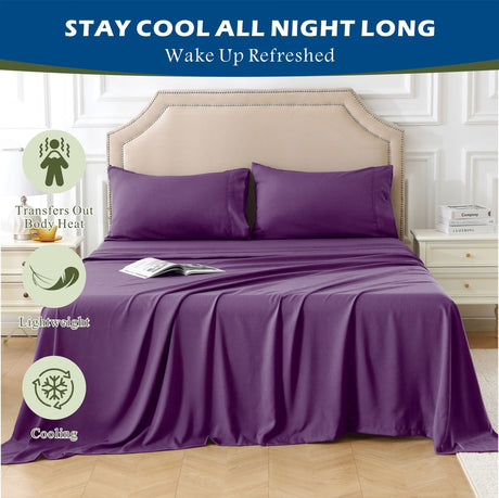 4 Piece Hotel Bamboo Cooling Sheet Set -Ultra Soft 2000TC Breathable Bed Sheets Set with 37 Centimetre Deep Pocket-Cooling Sheets for Hot Sleepers(Purple,Double)