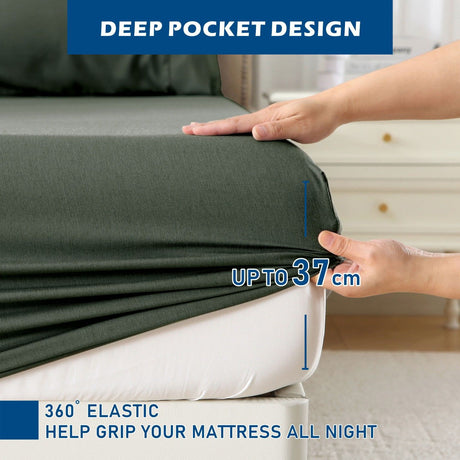 4 Piece Hotel Bamboo Cooling Sheet Set -Ultra Soft 2000TC Breathable Bed Sheets Set with 37 Centimetre Deep Pocket-Cooling Sheets for Hot Sleepers(Olive green,King)