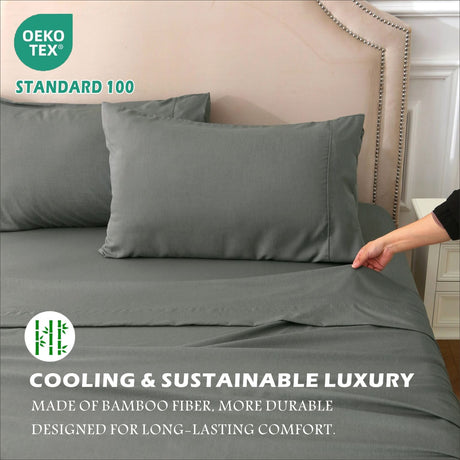 3 Piece Hotel Bamboo Cooling Sheet Set -Ultra Soft 2000TC Breathable Bed Sheets Set with 37 Centimetre Deep Pocket-Cooling Sheets for Hot Sleepers(Grey,King Single)
