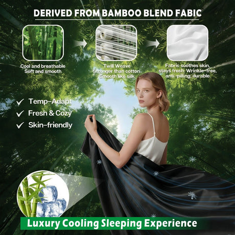 3 Piece Hotel Bamboo Cooling Sheet Set -Ultra Soft 2000TC Breathable Bed Sheets Set with 37 Centimetre Deep Pocket-Cooling Sheets for Hot Sleepers(Black,Single)