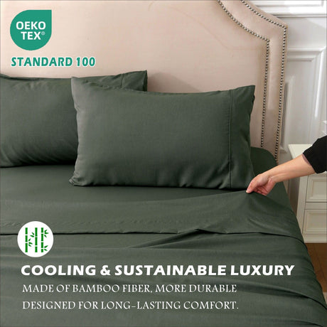 4 Piece Hotel Bamboo Cooling Sheet Set -Ultra Soft 2000TC Breathable Bed Sheets Set with 37 Centimetre Deep Pocket-Cooling Sheets for Hot Sleepers(Olive green,Super King)