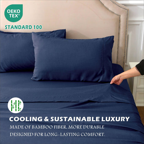 4 Piece Hotel Bamboo Cooling Sheet Set -Ultra Soft 2000TC Breathable Bed Sheets Set with 37 Centimetre Deep Pocket-Cooling Sheets for Hot Sleepers(Navy,Super King)