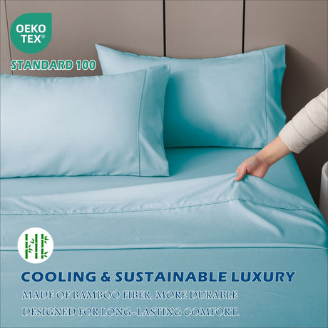 4 Piece Hotel Bamboo Cooling Sheet Set -Ultra Soft 2000TC Breathable Bed Sheets Set with 37 Centimetre Deep Pocket-Cooling Sheets for Hot Sleepers(Sky Blue,Super King)