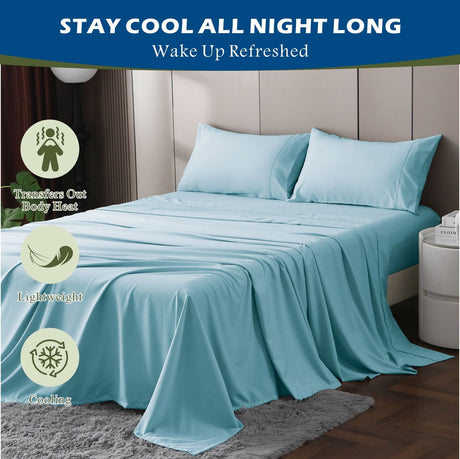 4 Piece Hotel Bamboo Cooling Sheet Set -Ultra Soft 2000TC Breathable Bed Sheets Set with 37 Centimetre Deep Pocket-Cooling Sheets for Hot Sleepers(Sky Blue,Super King)