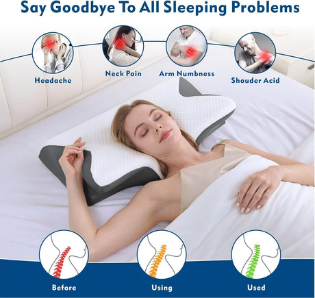 Bamboo Cervical Pillow for Neck and Shoulder Pain Relief Ergonomic Bed Pillow, Cooling Ergonomic Memory Foam Pillow Butterfly Shape for Side Back Stomach Sleeping Use with Breathable Cooling Pillowcase