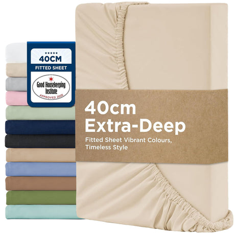 2000TC Hotel Quality Fitted Sheets - 2 Piece Fitted Sheets  -Breathable Bedding - Wrinkle, Fade, Stain Resistant- 16inch/40cm Deep Pocket Fitted Bed Sheets-Wrinkle and Fade Resistant,(Cream White,Double)