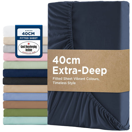 2000TC Hotel Quality Fitted Sheets - 2 Piece Fitted Sheets  -Breathable Bedding - Wrinkle, Fade, Stain Resistant- 16inch/40cm Deep Pocket Fitted Bed Sheets-Wrinkle and Fade Resistant,(Navy,King Single)