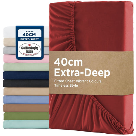2000TC Hotel Quality Fitted Sheets - 2 Piece Fitted Sheets  -Breathable Bedding - Wrinkle, Fade, Stain Resistant- 16inch/40cm Deep Pocket Fitted Bed Sheets-Wrinkle and Fade Resistant,(Red,Queen)
