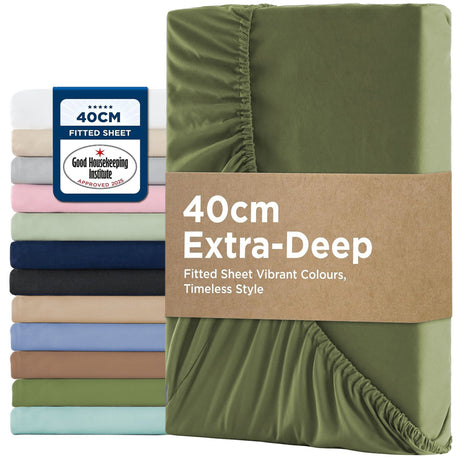 2000TC Hotel Quality Fitted Sheets - 2 Piece Fitted Sheets  -Breathable Bedding - Wrinkle, Fade, Stain Resistant- 16inch/40cm Deep Pocket Fitted Bed Sheets-Wrinkle and Fade Resistant,(Olive green,Single)