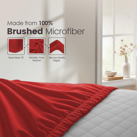 Hotel Quality Fitted Sheet - 1 Piece Fitted Sheet  -Breathable Bedding - Wrinkle, Fade, Stain Resistant- 16inch/40cm Deep Pocket Fitted Bed Sheet-Wrinkle and Fade Resistant,(Red,Queen)