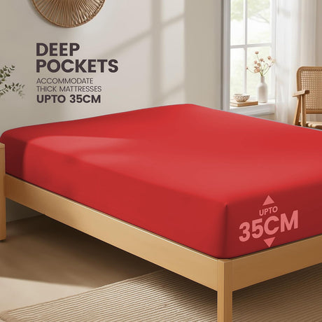 Hotel Quality Fitted Sheet - 1 Piece Fitted Sheet  -Breathable Bedding - Wrinkle, Fade, Stain Resistant- 16inch/40cm Deep Pocket Fitted Bed Sheet-Wrinkle and Fade Resistant,(Red,Super King)