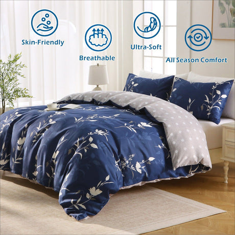3 Piece Hotel Soft Microfiber Quilt Cover Set-2000TC Duvet/Donna Cover Set & Pillowcases -1 Quilt Cover Zipper Closure & 1 x Pillowcases-Breathable Bedding - Wrinkle, Fade, Stain Resistant(Navy Floral,Double)